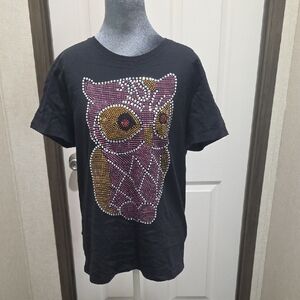 Port and Company Black Tee with Rhinestone Owl Design